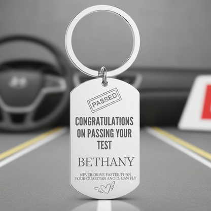 Personalised driving test pass keyring with PASSED stamp congratulations message custom name Bethany laser engraved stainless steel