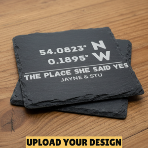 Personalised slate coasters with engraved GPS coordinates and custom names - wedding engagement gift