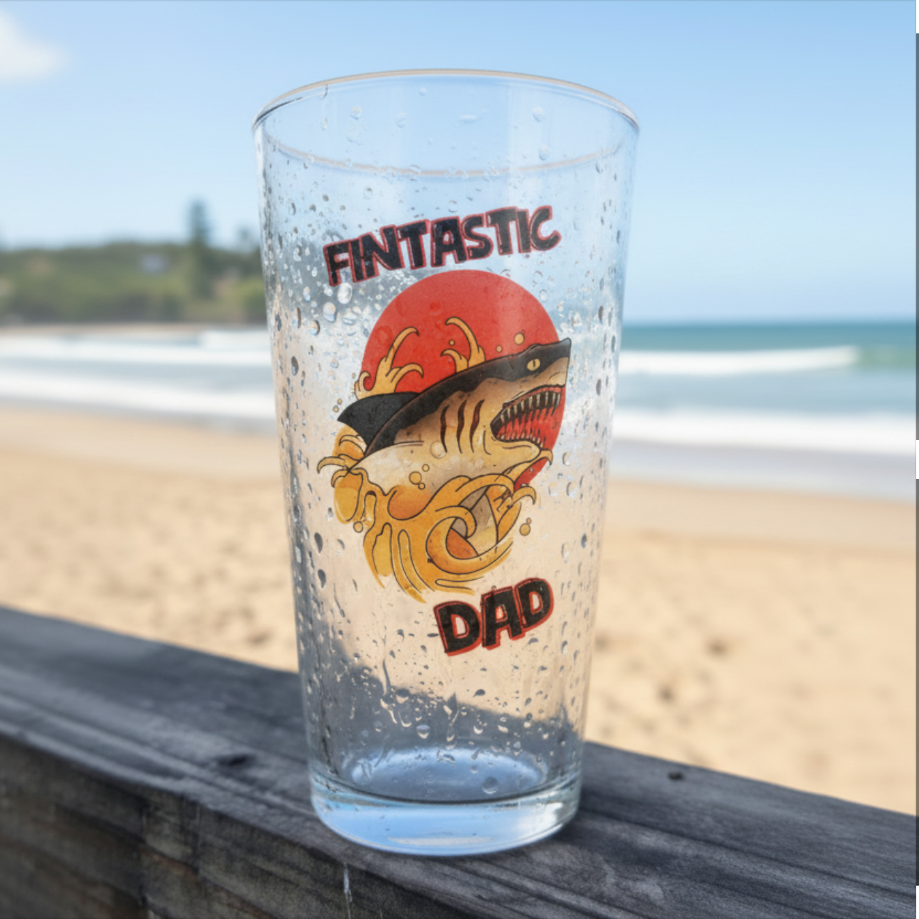 Fintastic Dad personalised pint glass side view — funny shark dad gift printed on premium toughened glass