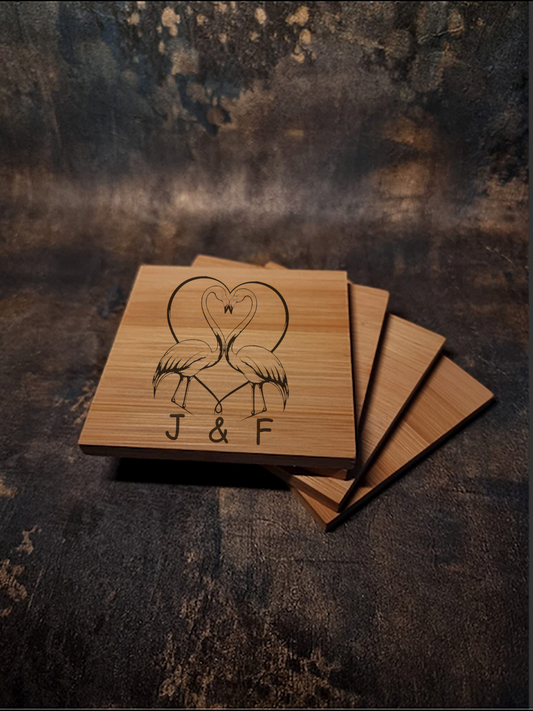 Custom Flamingo Valentines Day Bamboo Coaster Gift Idea  for Boyfriend / Girlfriend