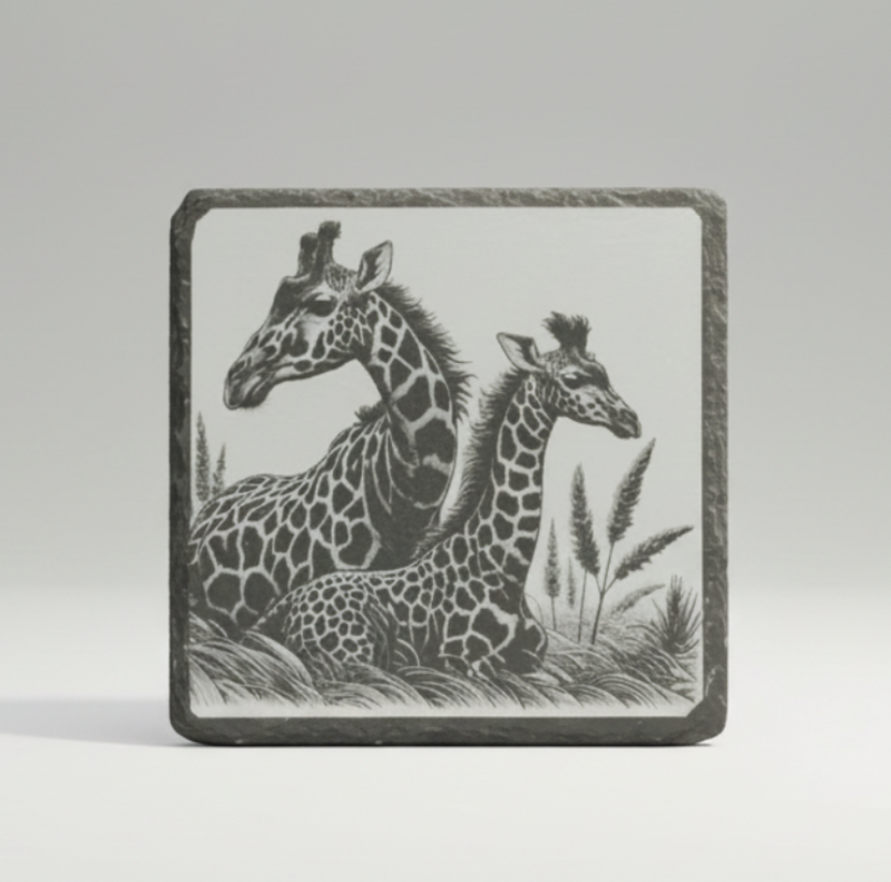 Pair of Giraffe Engraved Slate / Bamboo Coaster - Gift for Animal Lover First Glass Designs