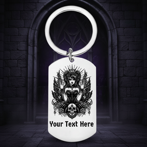 Personalised Gothic Queen dog tag keyring with dark fantasy design – gift for goth lovers, birthdays, and alternative style collectors.