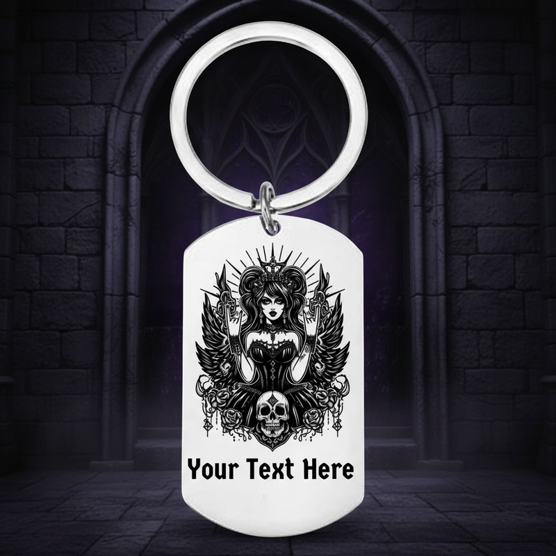 Personalised Gothic Queen dog tag keyring with dark fantasy design – gift for goth lovers, birthdays, and alternative style collectors.