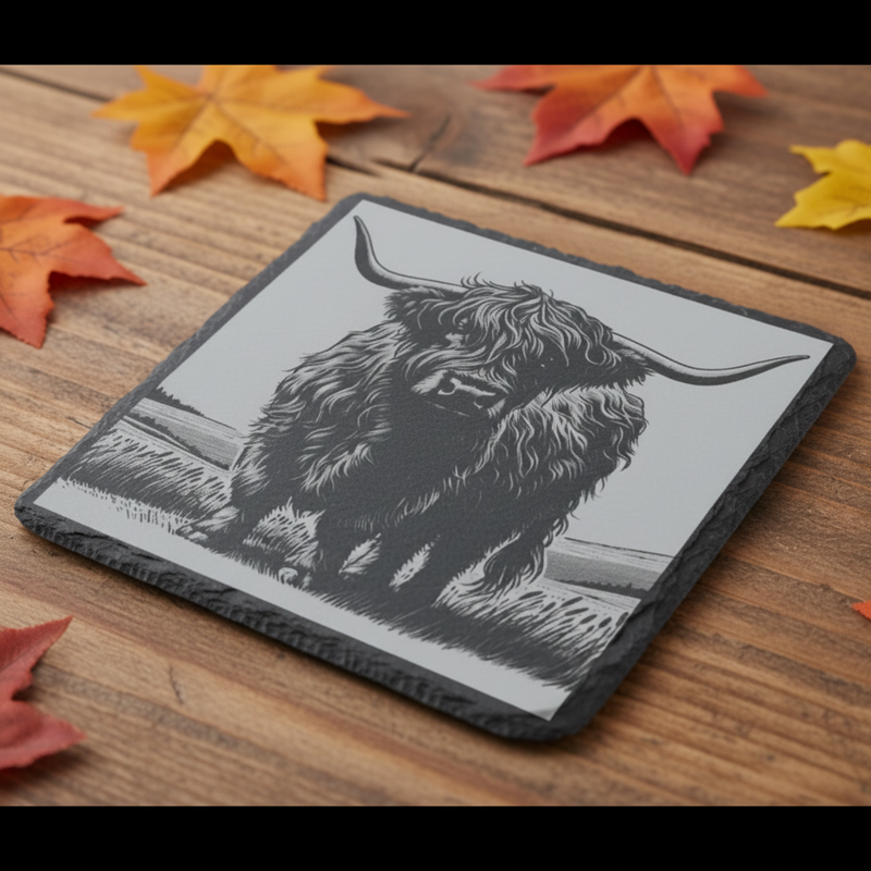 Personalised slate or bamboo coaster engraved with a detailed Highland cow illustration, showing its iconic long horns and shaggy coat, rustic and charming design, perfect for animal lovers or as a countryside-themed gift.