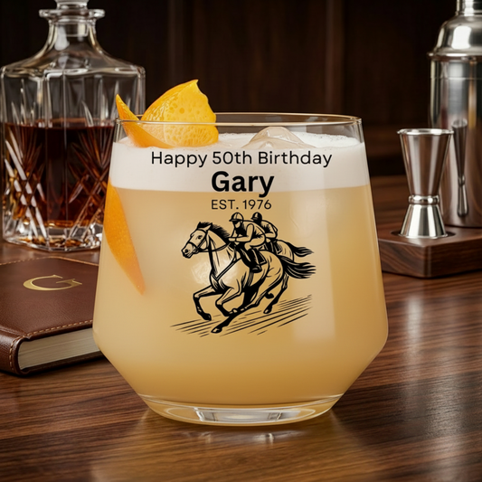 Personalised horse racing whiskey glass engraved with custom name and birth year, ideal 60th birthday gift for him