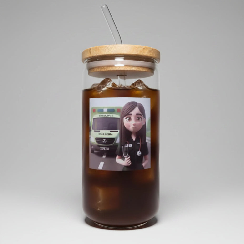 Personalised glass tumbler with bamboo lid filled with iced coffee and glass straw, unique personalised gift for her