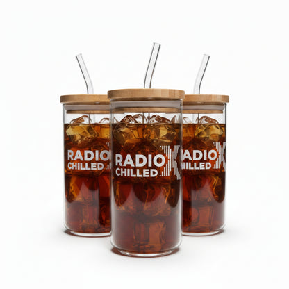 Close up of custom printed logo design on personalised glass tumbler with bamboo lid, upload your own design gift for her