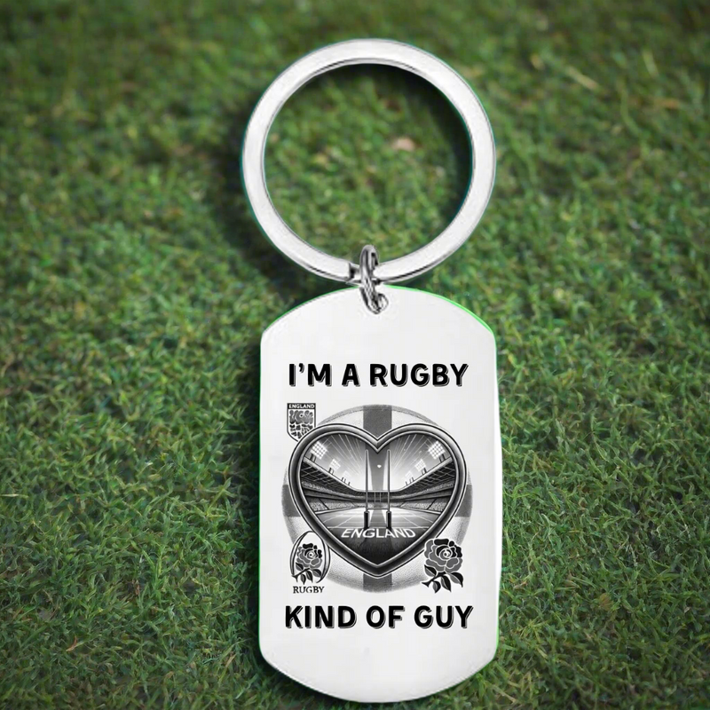 Stainless steel keyring engraved with rugby pitch design and “I’m a Rugby Kind of Guy” text – personalised gift for rugby players and fans