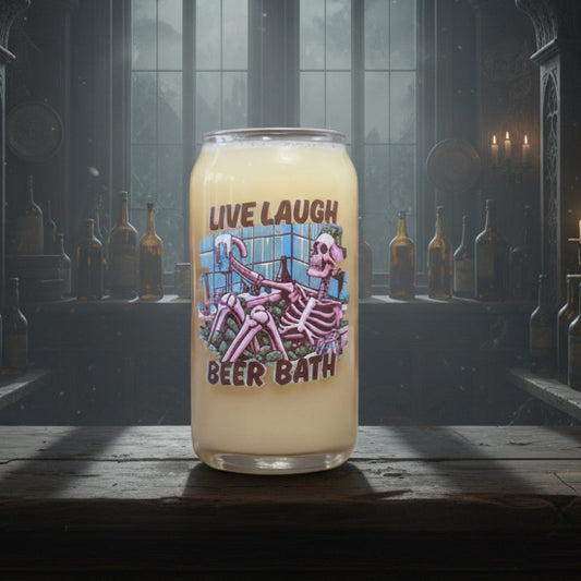 Can of 'Live Laugh Beer Bath' with a skeleton design on a wooden surface.