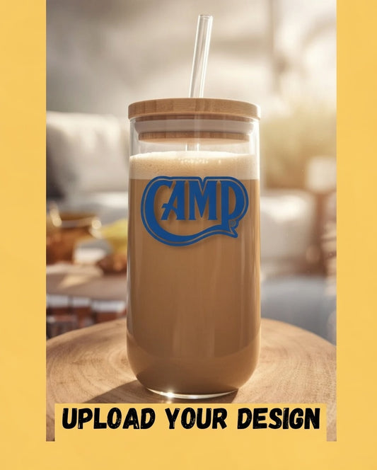Personalised Glass Coffee Cup with Bamboo Lid & Glass Straw – Custom Printed & Engraved