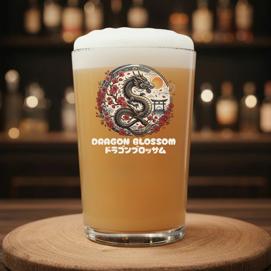 Pint glass with Japanese dragon and cherry blossom sakura design, unique gift for him