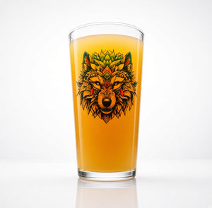 Custom printed beer can glass featuring a mandala wolf design with personalised name