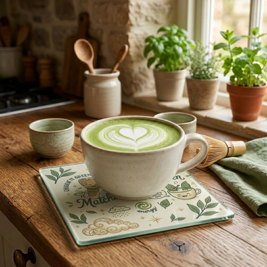 A ceramic cup of matcha latte with heart-shaped latte art sits on a decorative glass coaster on a rustic wooden table, with small cups, a bamboo whisk, and potted plants in the background.