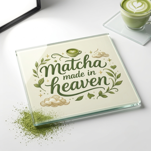 A square glass coaster or trivet with a printed design reading 'Matcha made in heaven' in green script, surrounded by leafy vines, clouds, and small stars. The item is shown on a white surface with matcha powder scattered nearby, and a cup of matcha latte appears in the upper right.