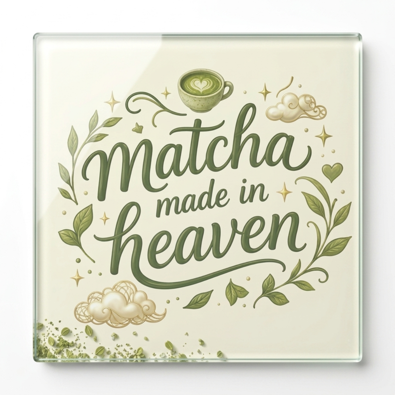 A square glass coaster or tile featuring a light cream background with the phrase 'matcha made in heaven' in dark green script, surrounded by illustrated green leaves, small clouds, stars, and a matcha cup at the top.
