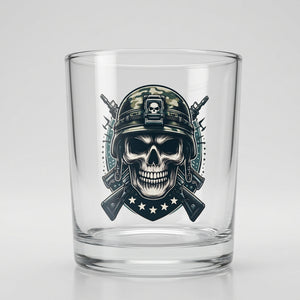Custom printed rocks glass featuring a military skull design with personalised text