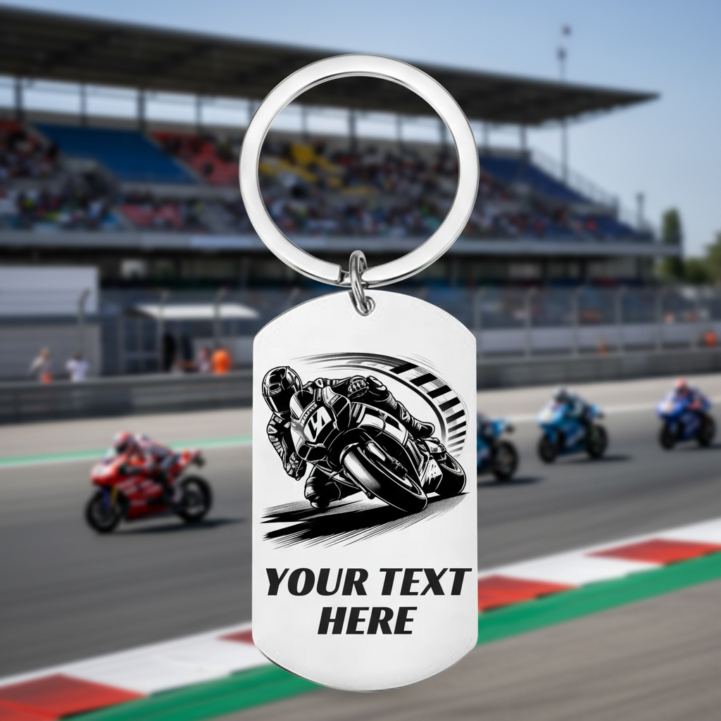 Keychain with motorcycle design and customizable text 