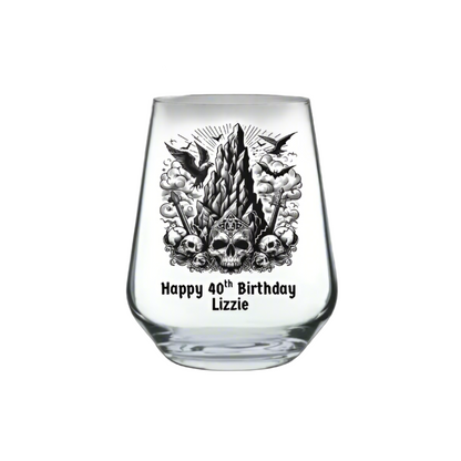Clear glass with black skull design and text on a white background, option to add personalised text underneath the image