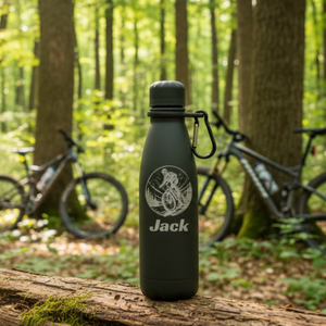 Personalised Mountain Bike Water (MTB) Thermal Water Bottle – Custom Name Sports Bottle with Carabiner First Glass Designs