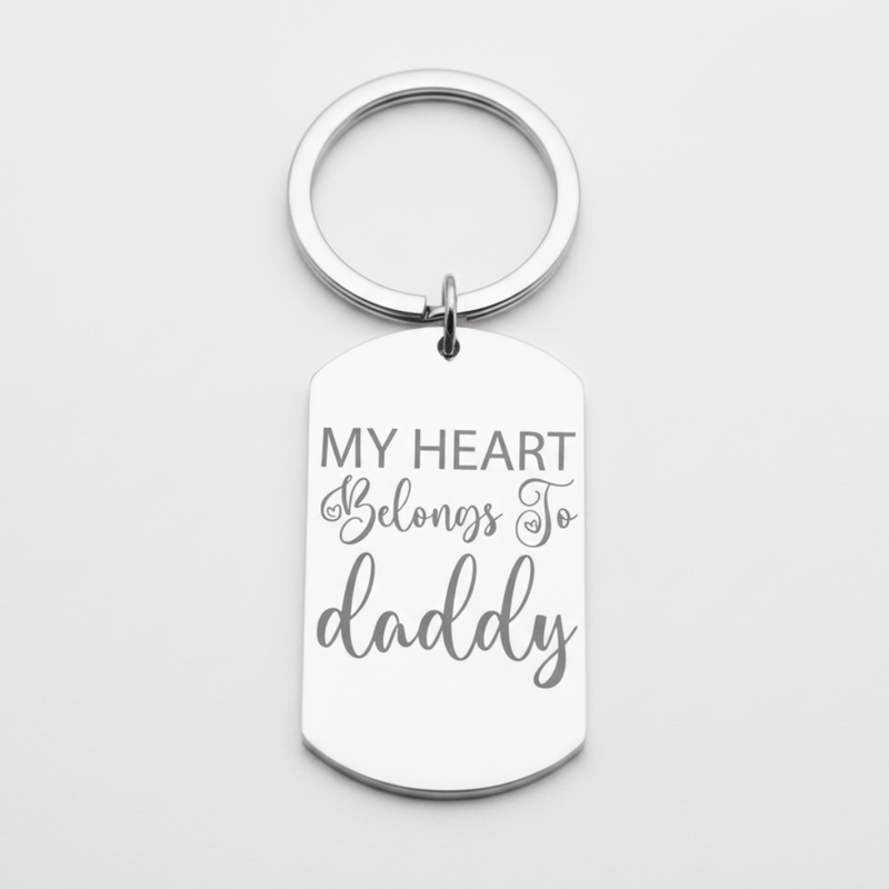 My Heart Belongs To Daddy keyring, laser engraved stainless steel with elegant script text design