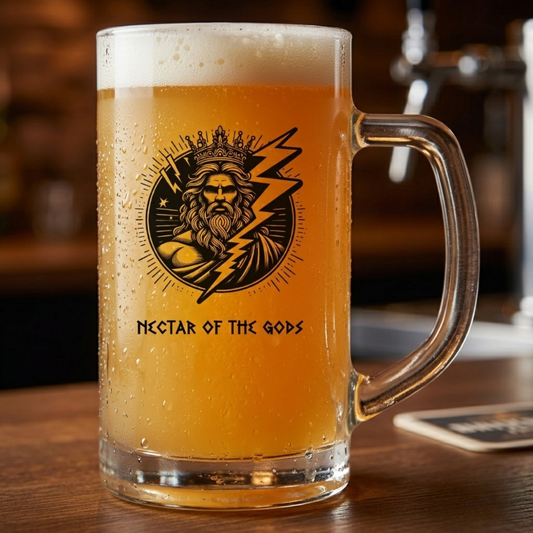 Beer mug with 'Nectar of the Gods' logo on a bar background. Option to customise your own text