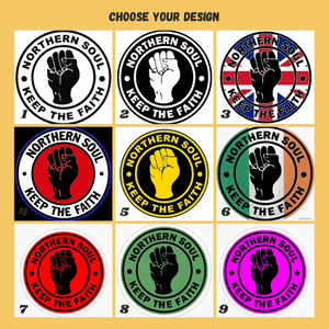 Nine Northern Soul design options with a fist and text on a yellow background