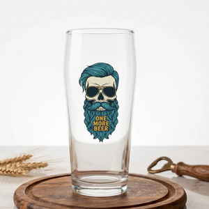 One More Beer Hipster Skull Glass | Custom Printed Beer Gift UK First Glass Designs