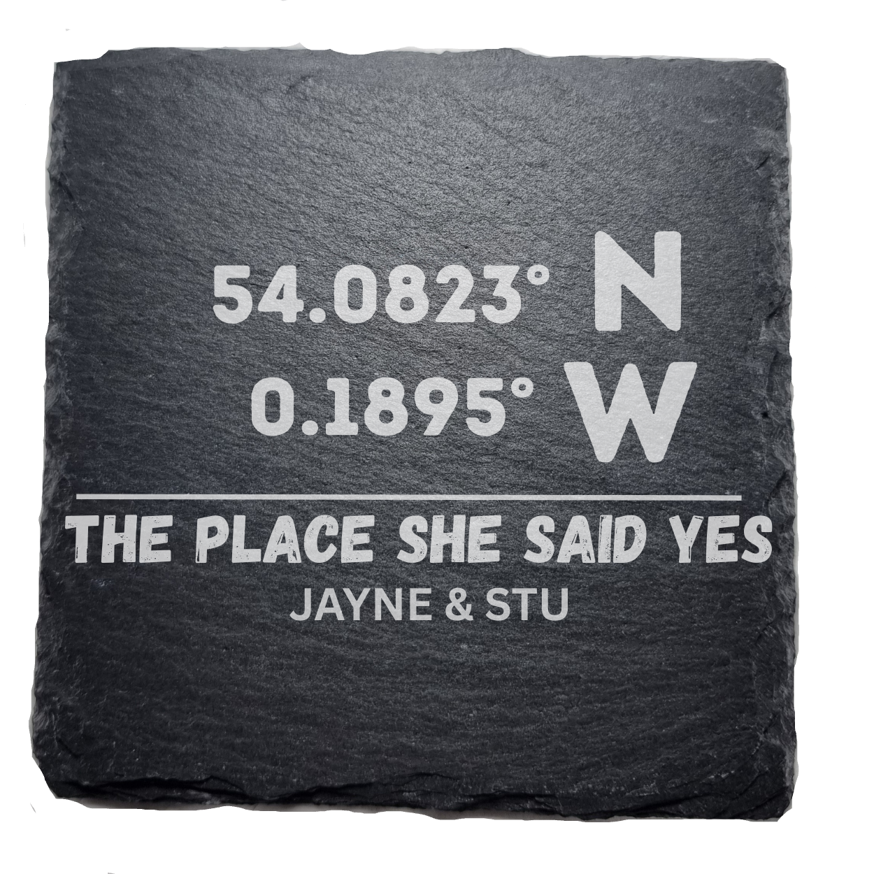 Personalised slate coasters with engraved GPS coordinates and custom names - wedding engagement gift