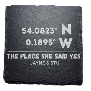 Personalised slate coasters with engraved GPS coordinates and custom names - wedding engagement gift