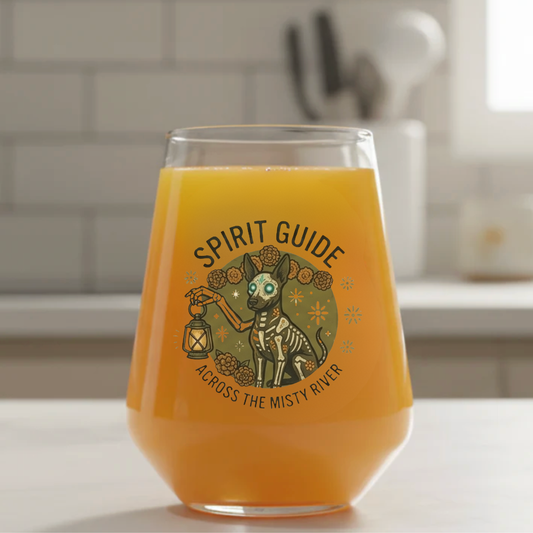 Personalised stemless wine glass with Day of the Dead sugar skull dog design, unique gift for dog lovers