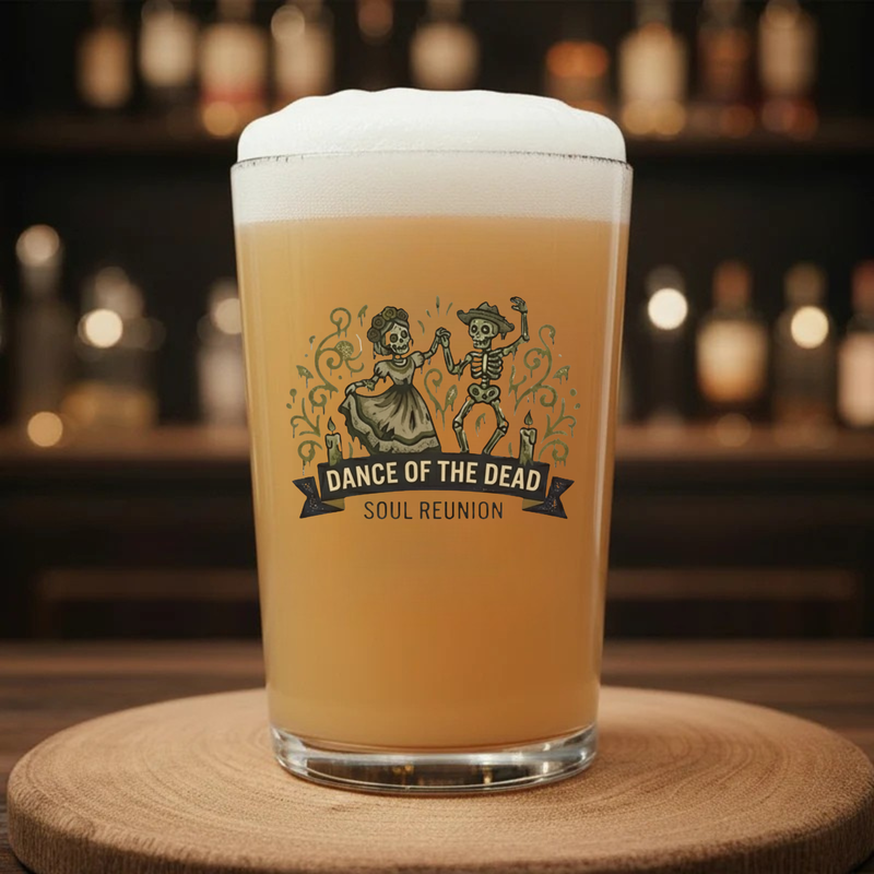 Personalised Day of the Dead dancing skeletons pint glass with custom text, novelty gift for him or her