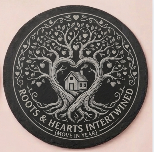 Personalised slate coaster with family tree and house design, move in year engraved, unique housewarming gift