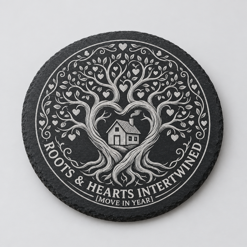 Personalised new home slate coaster laser engraved with a heart-shaped tree of life and house design, showing move-in year