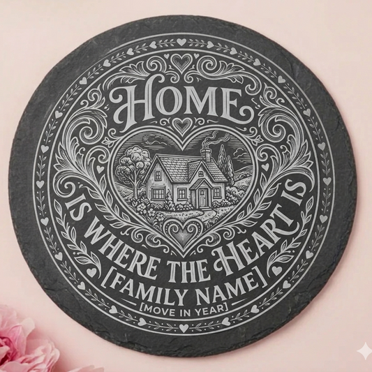 Personalised slate coaster with family name and move in year, home is where the heart is housewarming gift