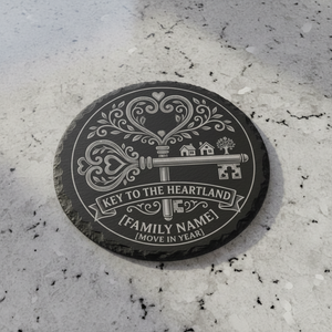 Personalised slate coaster with key design, family name and move in year, unique housewarming gift for new home
