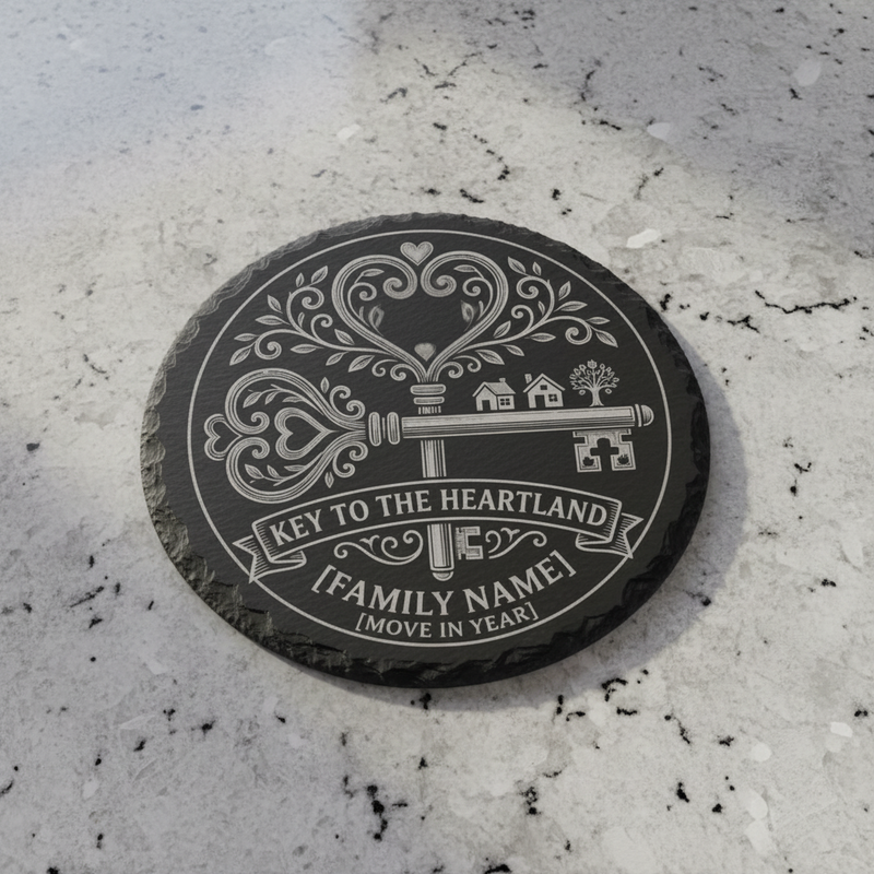 Personalised slate coaster with key design, family name and move in year, unique housewarming gift for new home