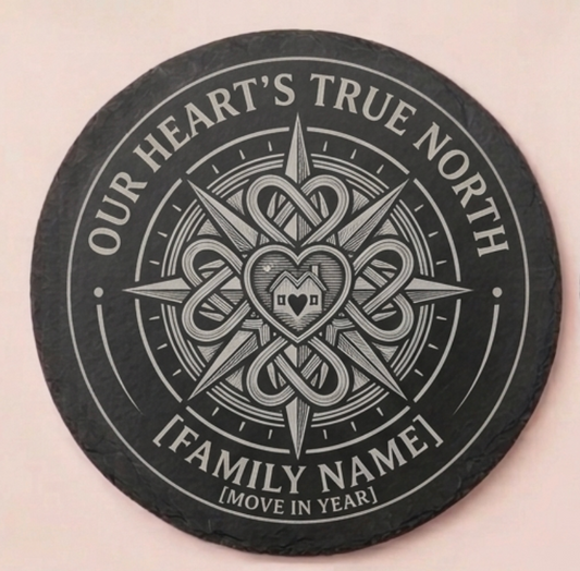 Personalised slate coaster with compass heart design, family name and move in year, unique new home gift