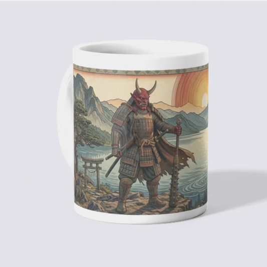 Personalised white mug with Japanese samurai Oni demon warrior design, custom gift for him