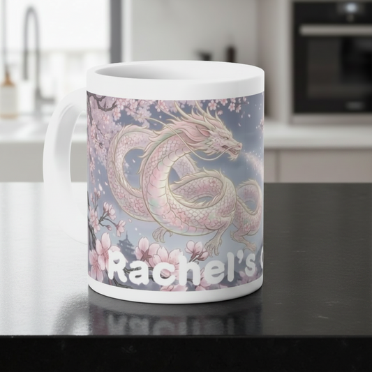 Personalised mug for her with custom name and cherry blossom dragon wrap around print