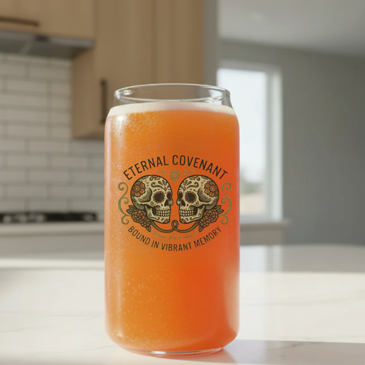 Personalised sugar skull beer can glass with double skull and marigold design, custom Day of the Dead gift