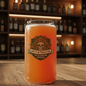 Personalised sugar skull beer can glass with marigold crest design, custom Day of the Dead gift for him