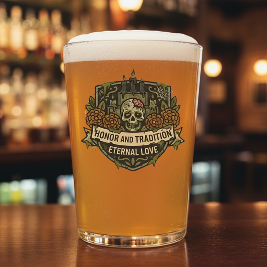Personalised sugar skull pint glass with marigold and crest design, custom Day of the Dead gift for him