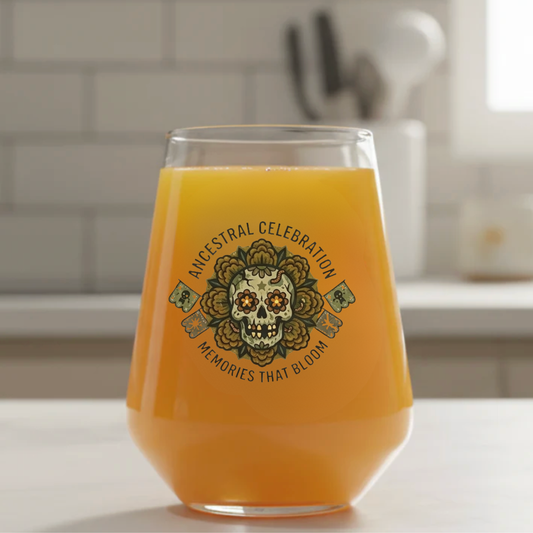 Personalised sugar skull stemless wine glass with marigold design, custom Day of the Dead gift for her