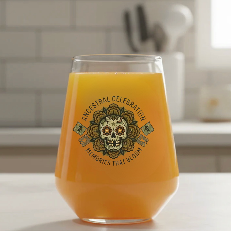 Personalised sugar skull stemless wine glass with marigold design, custom Day of the Dead gift for her