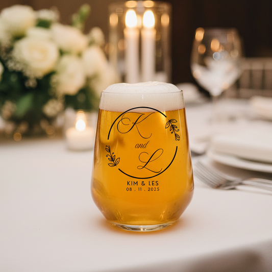 Personalised stemless beer glass with couples initials monogram, names and wedding date, custom wedding gift