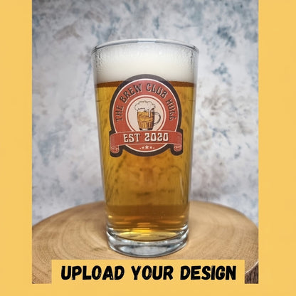 Personalised 1-pint conical pint glass printed with a custom design, shown as an example of full colour print quality on the classic tapered conical shape