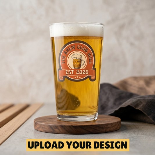 Personalised 1-pint conical pint glass printed with a custom design, shown as an example of full colour print quality on the classic tapered conical shape