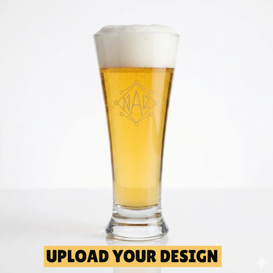 personalised 284ml half pint pilsner glass with custom uploaded monogram NAD design filled with golden lager and frothy head