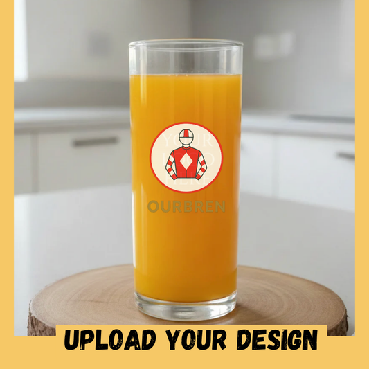 Close up of custom printed horse racing jockey circular design on personalised Senator pint glass, upload your own design