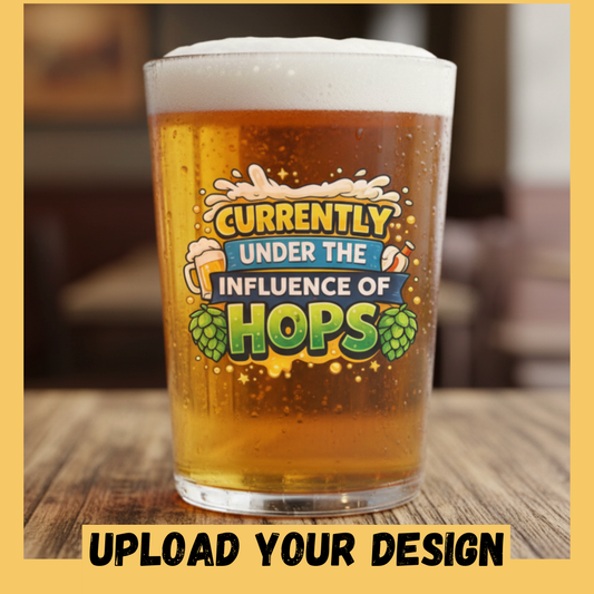 Close up of custom printed funny hops design on personalised conical pint glass, upload your own design beer gift